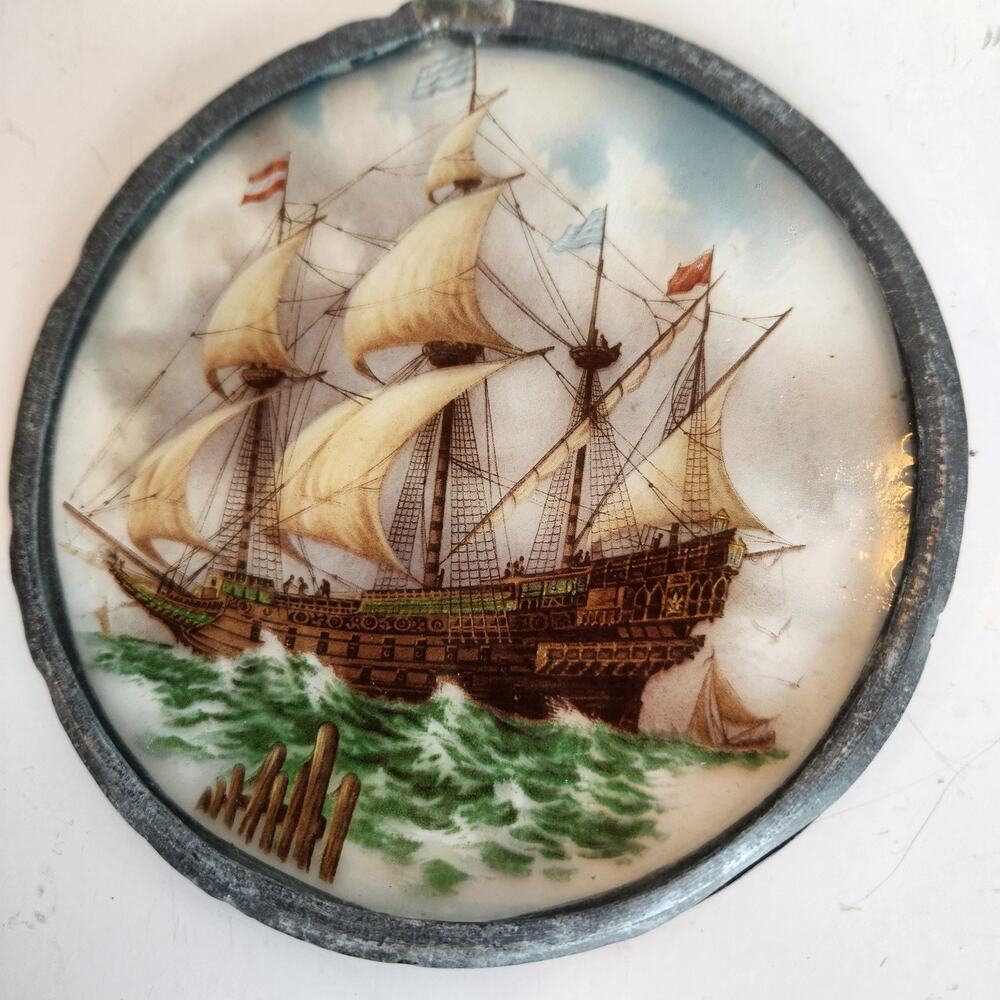 Antique 1910 Reverse-Paint Glass Galleon Ship Scene Edwardian Wall Decor Plaque